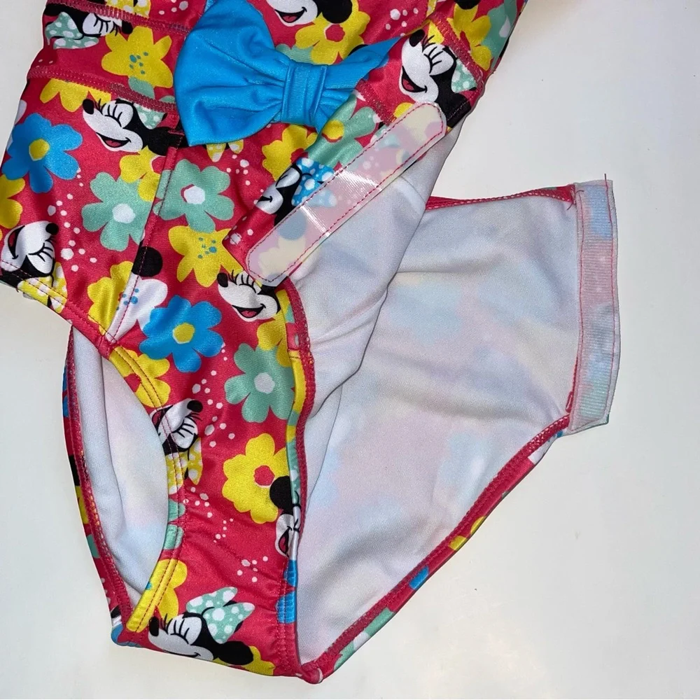 Disney Girls Red Floral Minnie One-Piece Swimsuit with Blue Bow
